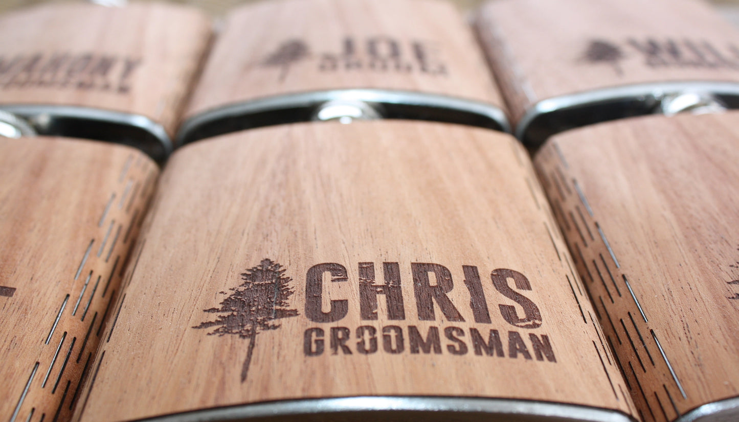 Rustic-style cedar wood hip flask with a secure screw-on lid and a compact, portable design.