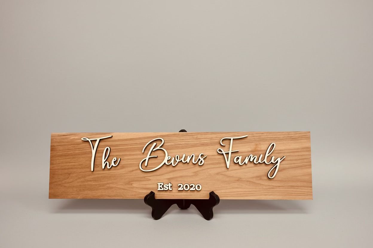 Personalized walnut wood sign with engraved lettering – rustic home decor or business signage.