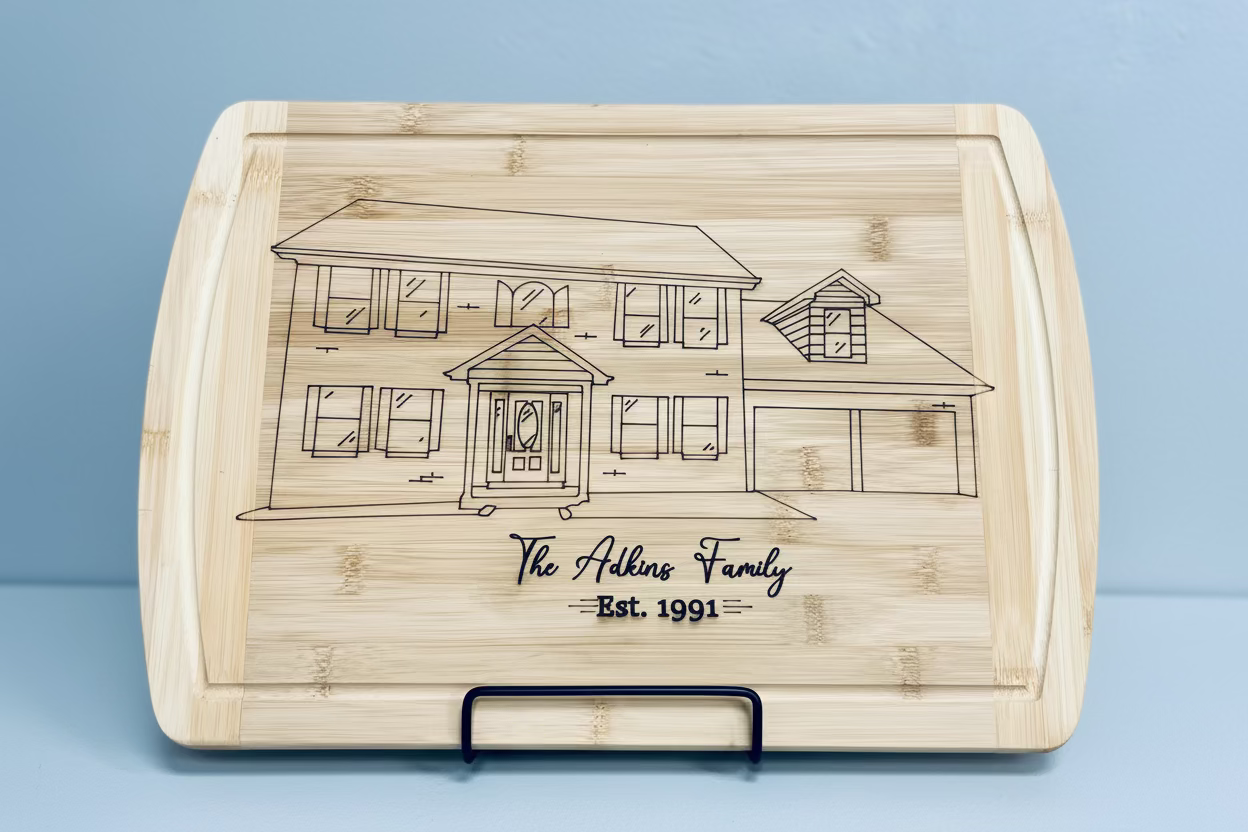 A custom bamboo cutting board featuring a detailed laser-engraved illustration of a two-story family home with a garage. Below the house illustration, "The Adkins Family" is elegantly engraved, followed by "Est. 1991." The board is displayed on a black metal stand and placed on a rustic wooden surface. A vase with delicate white flowers adds a charming decorative touch to the background.