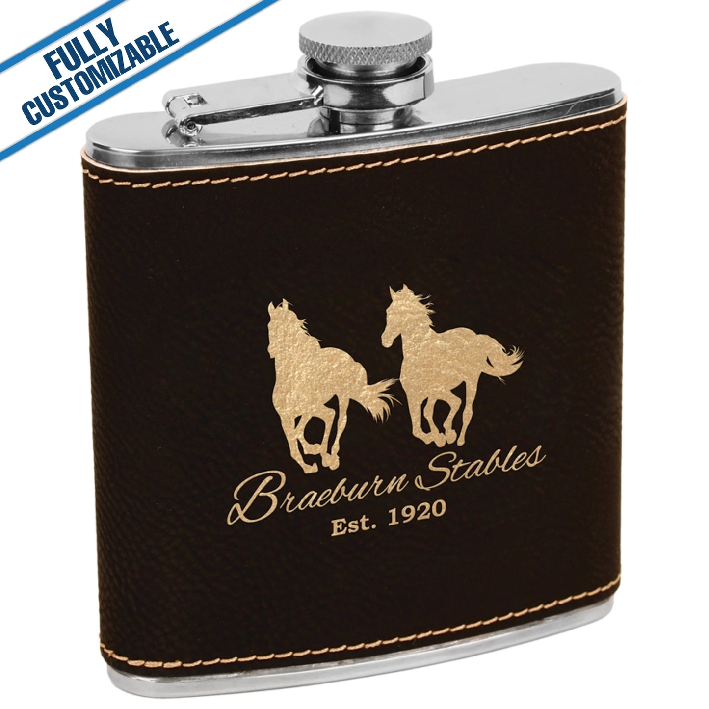 Classic stainless steel flask wrapped in premium brown leather, featuring a secure screw-on cap. Perfect for carrying whiskey or spirits on the go.