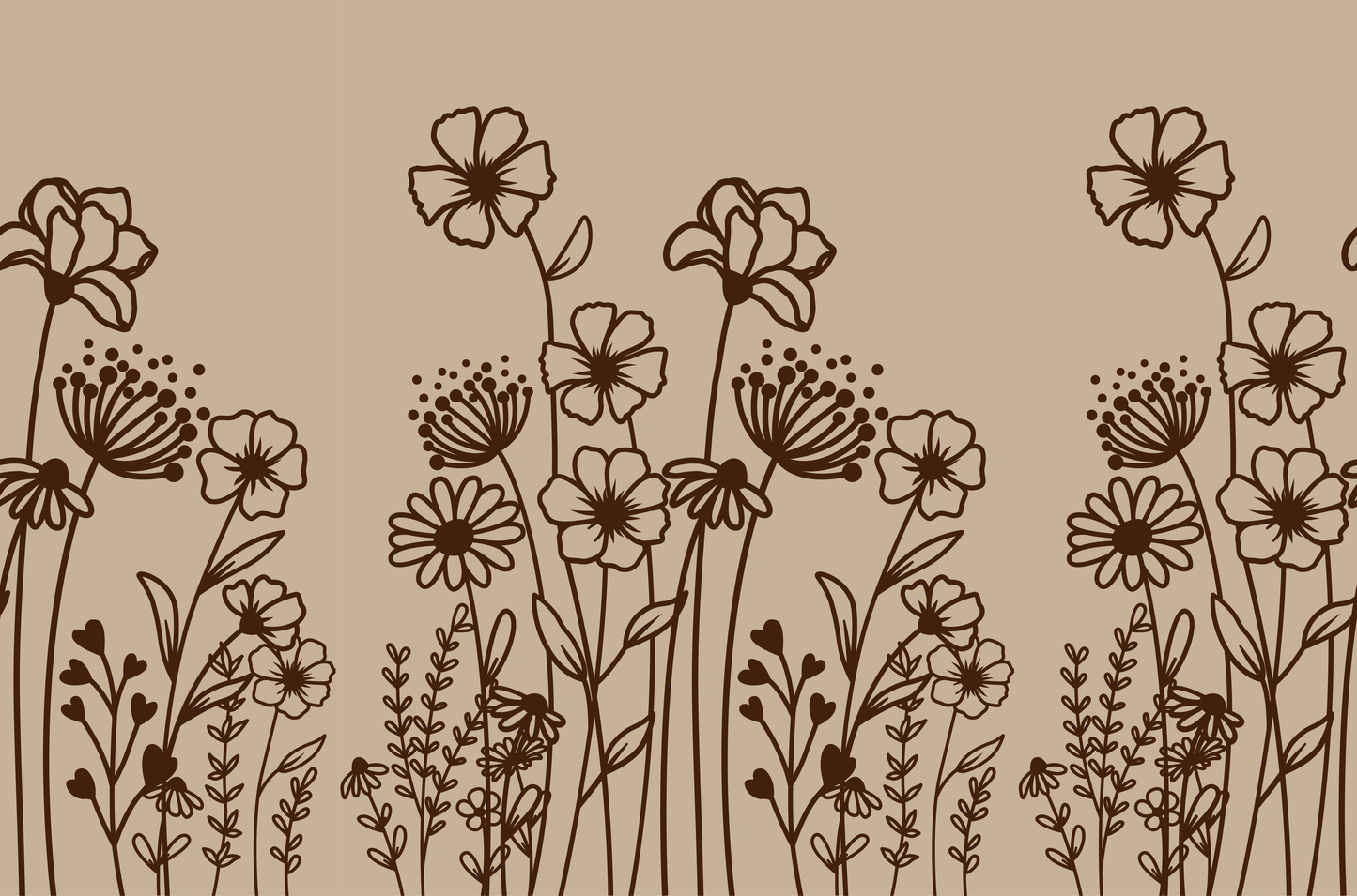 Brown floral line art pattern with wildflowers on a beige background