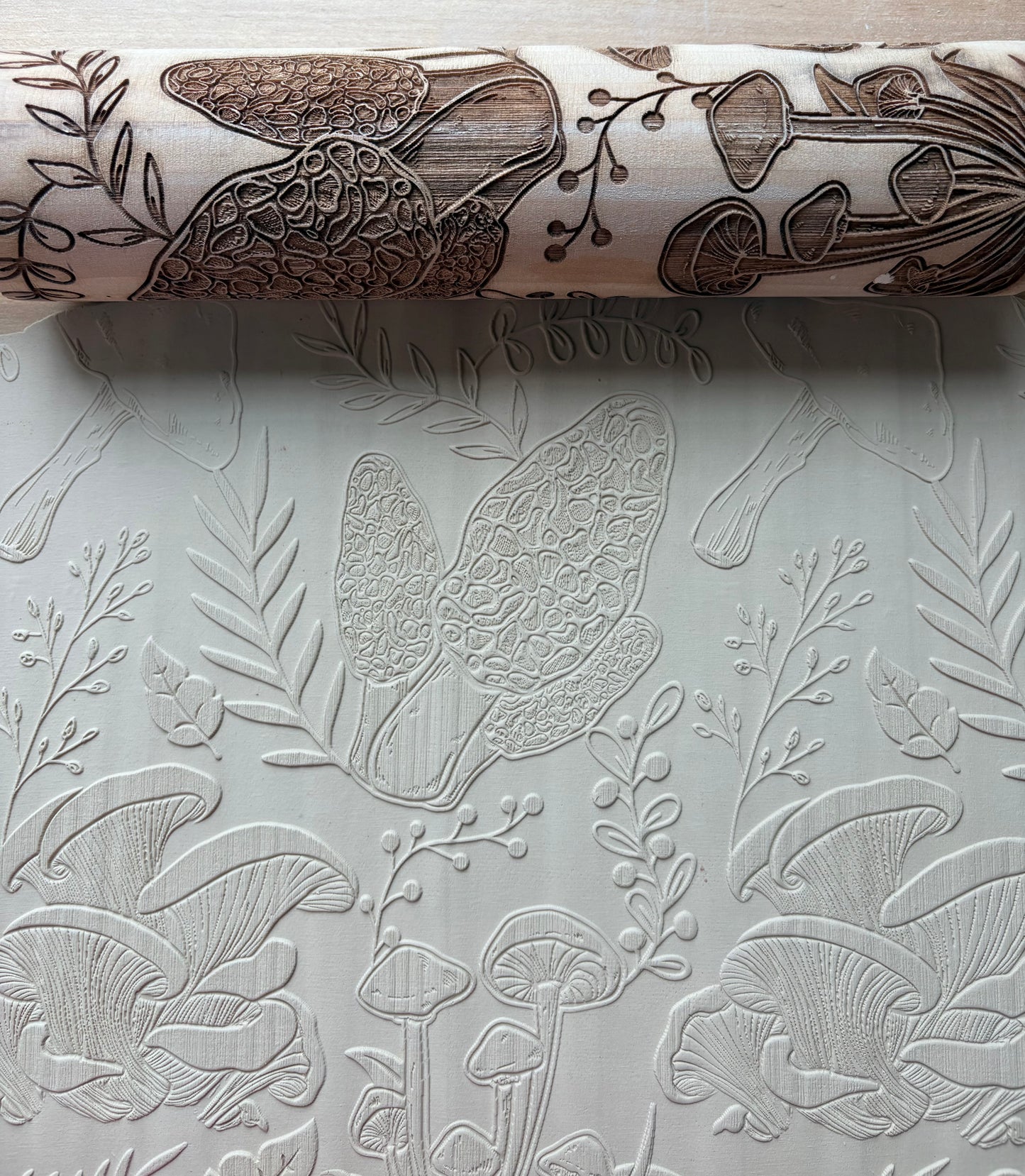 Mushroom Engraved Pottery Rolling Pin