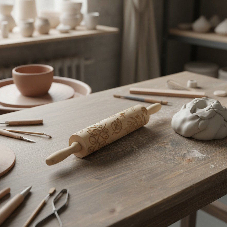 Leaves Engraved Pottery Rolling Pin