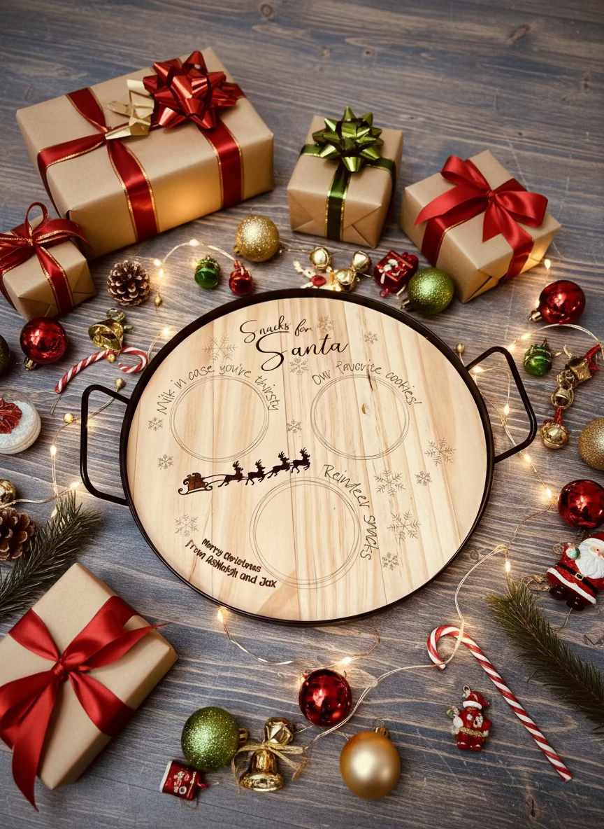 Round wooden Merry Christmas door hanger with red panel and white tree design