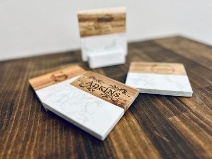 Marble & Acacia Coaster Set - KY Custom Engraving - Made in {{ shop.shopifyProvince }}