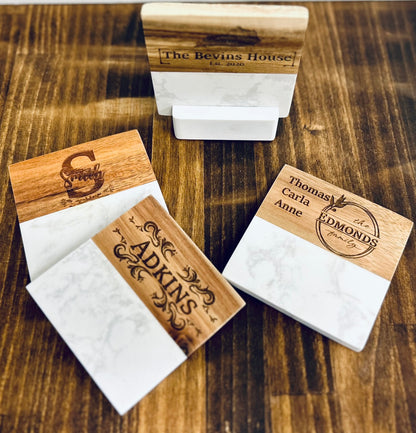 Marble & Acacia Coaster Set - KY Custom Engraving - Made in {{ shop.shopifyProvince }}