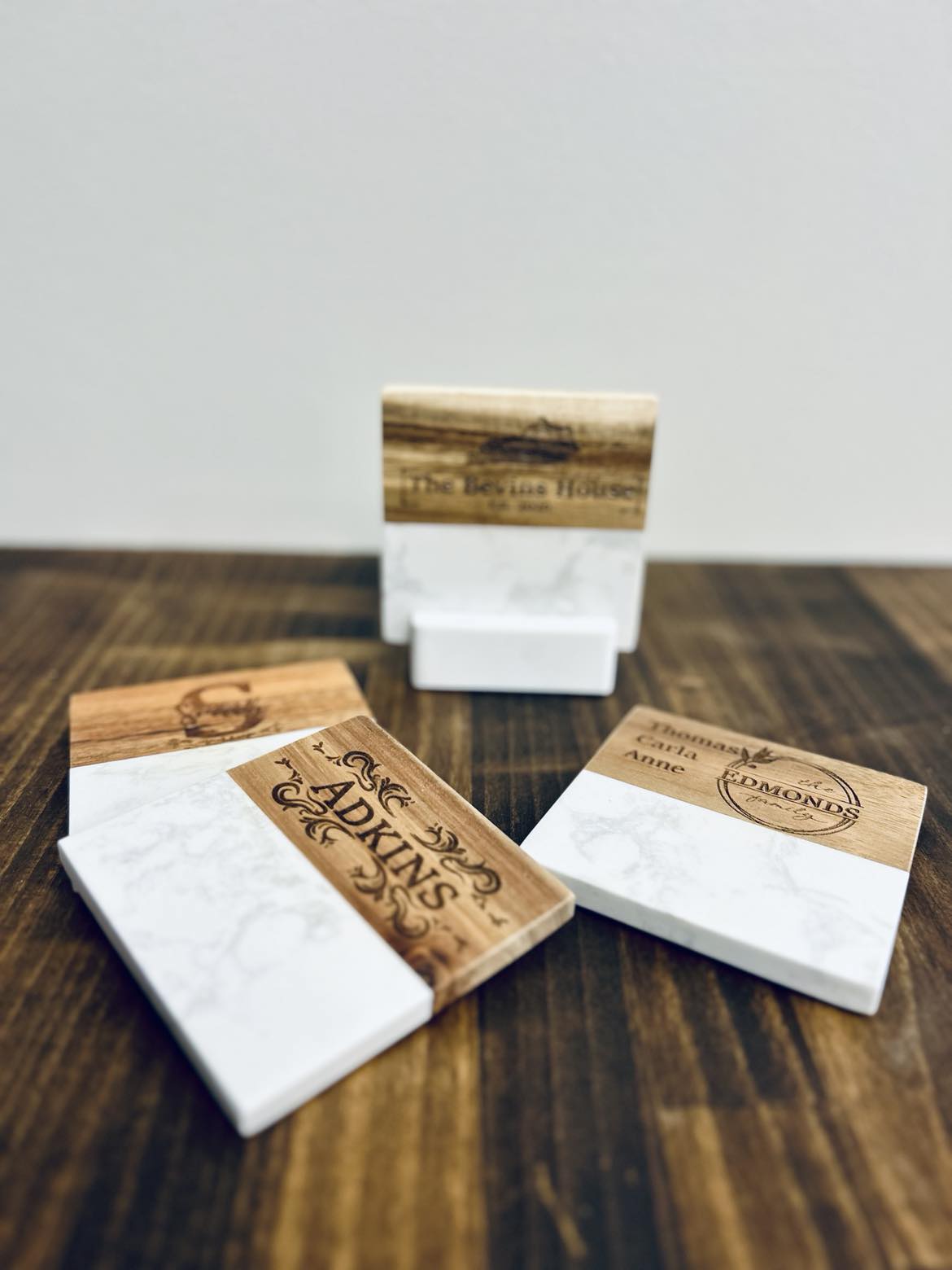 Marble & Acacia Coaster Set - KY Custom Engraving - Made in {{ shop.shopifyProvince }}
