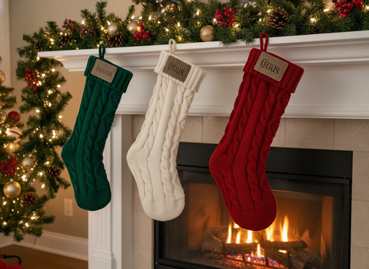 Three Christmas stockings hanging above a fireplace with a decorated tree in the background.