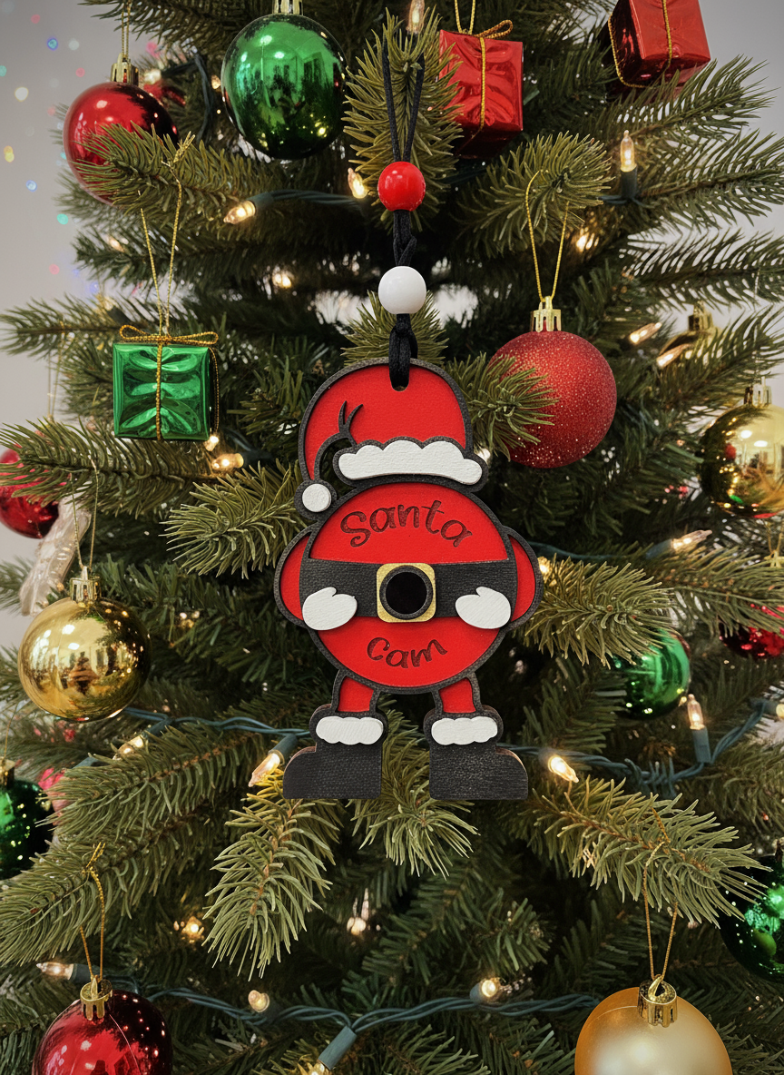 Santa Cam ornament hanging on a decorated Christmas tree with baubles and gift ornaments