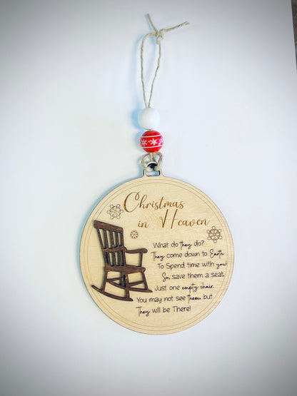 Wooden Christmas in Heaven ornament with engraved rocking chair, red and white beads, and poem