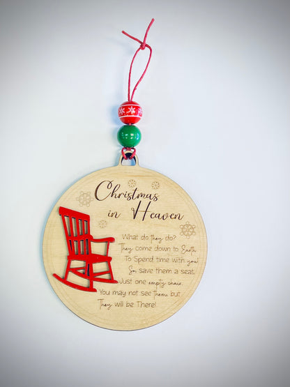 Christmas in Heaven ornament with red rocking chair, wood circle, and festive beads