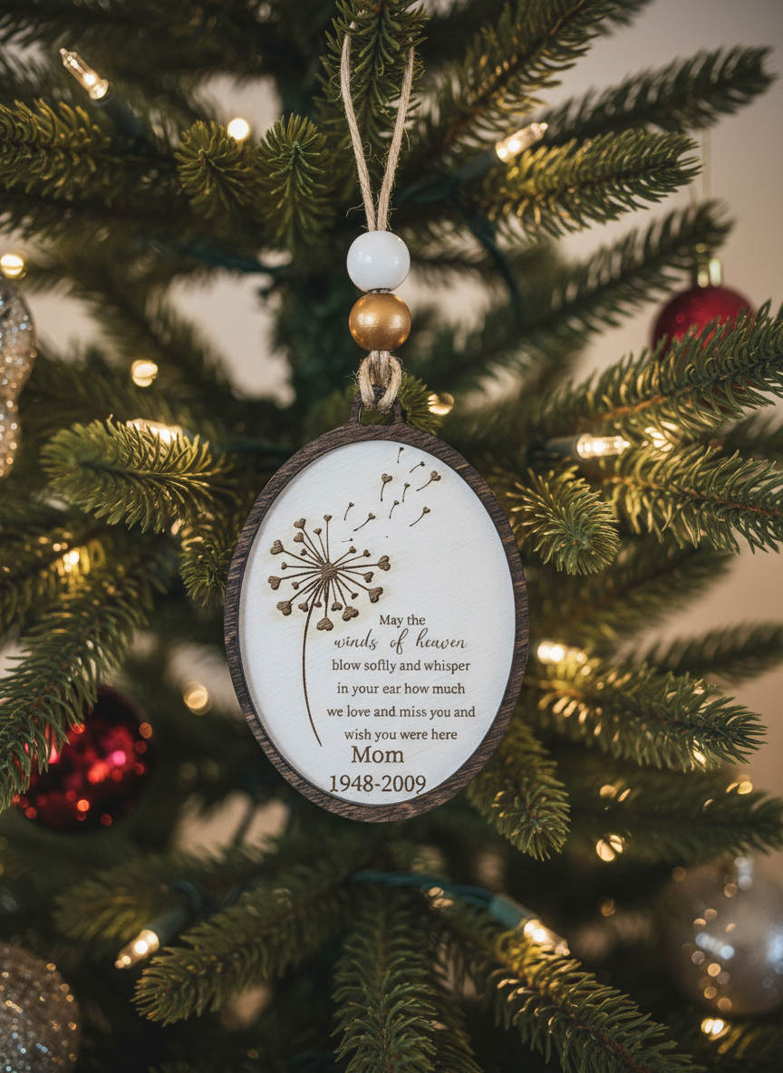 Dandelion memorial ornament hanging on Christmas tree with lights and beaded string