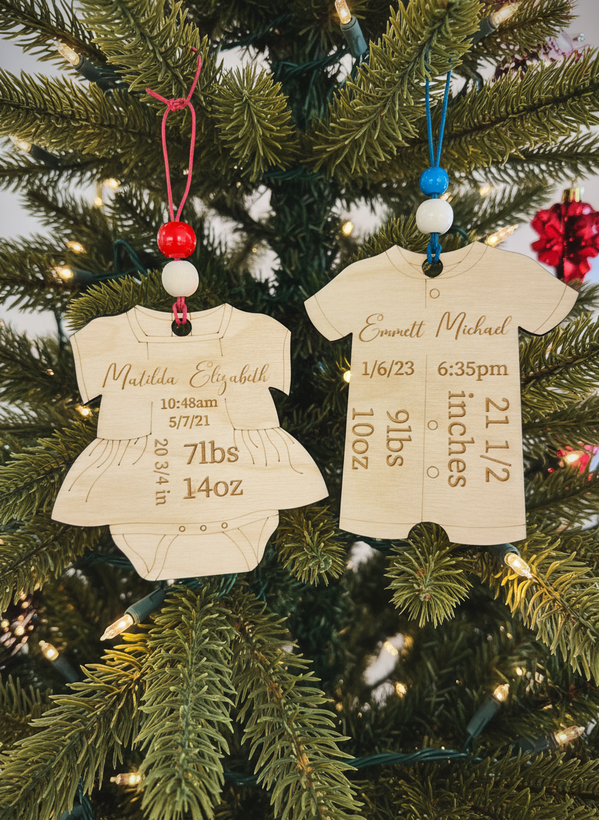 Personalized wooden baby onesie Christmas ornaments on a decorated tree