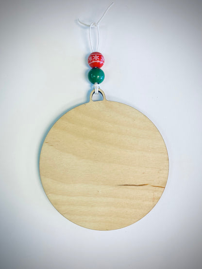 Blank round wood Christmas ornament with red and green beads and string hanger