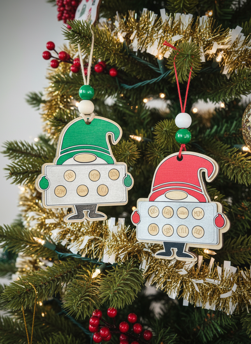 Wood gnome family cookies ornaments with names hanging on Christmas tree