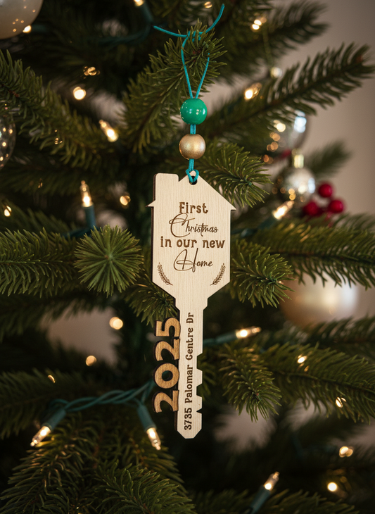 Personalized wooden house key ornament on Christmas tree, engraved with 'First Christmas in our new home 2025'