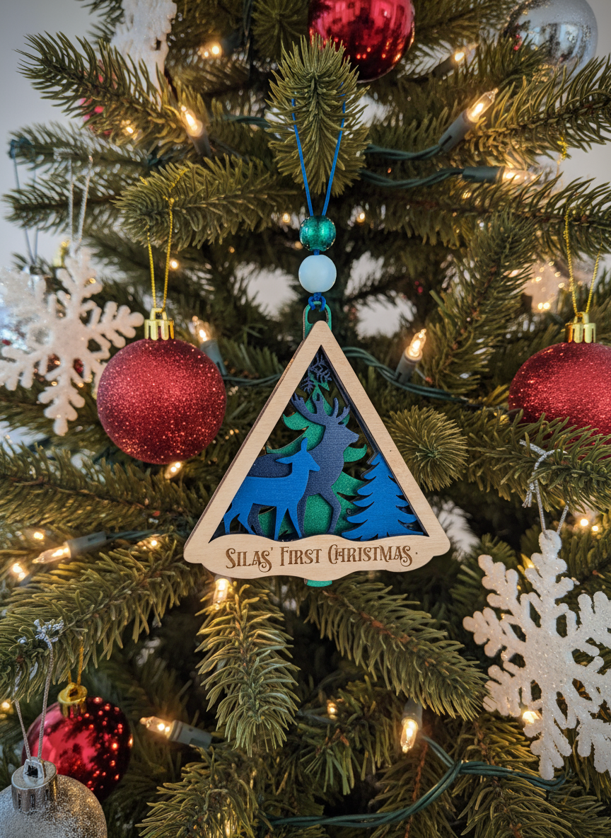 Silas' First Christmas personalized deer ornament on decorated Christmas tree
