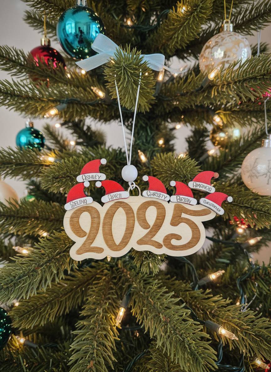 2025 family Christmas ornament with Santa hats and names on decorated tree