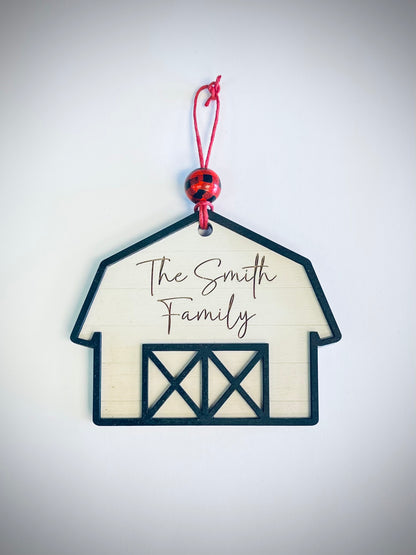 Farmhouse barn ornament with red plaid bead and custom family name