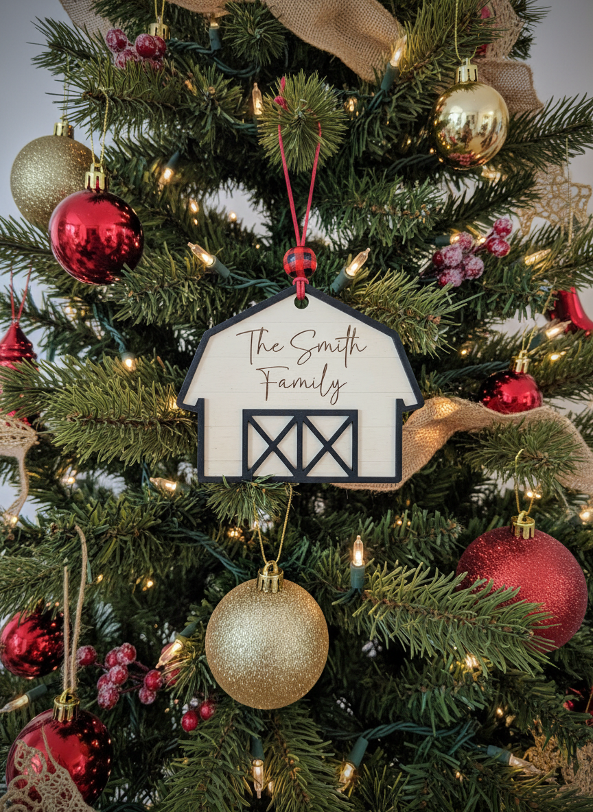 Farmhouse barn ornament with 'The Smith Family' on Christmas tree with red and gold baubles