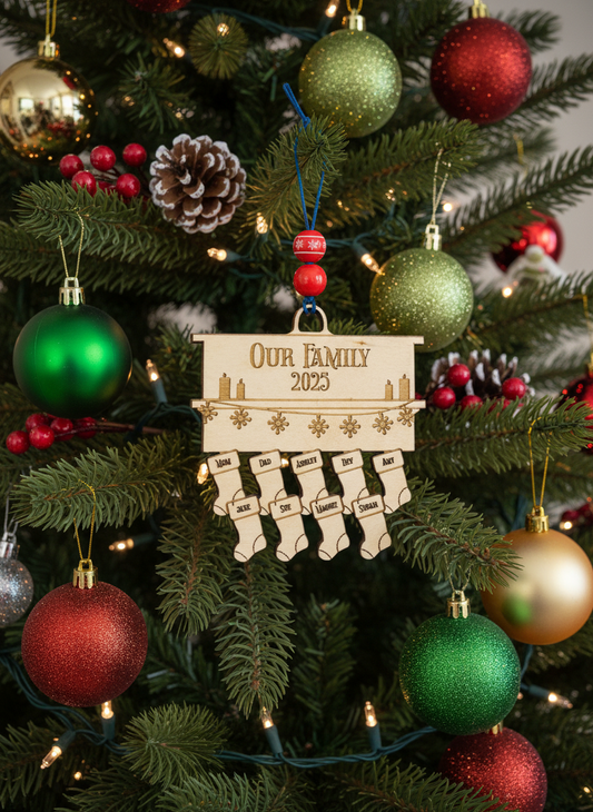 Personalized family stockings ornament on Christmas tree with red and green baubles