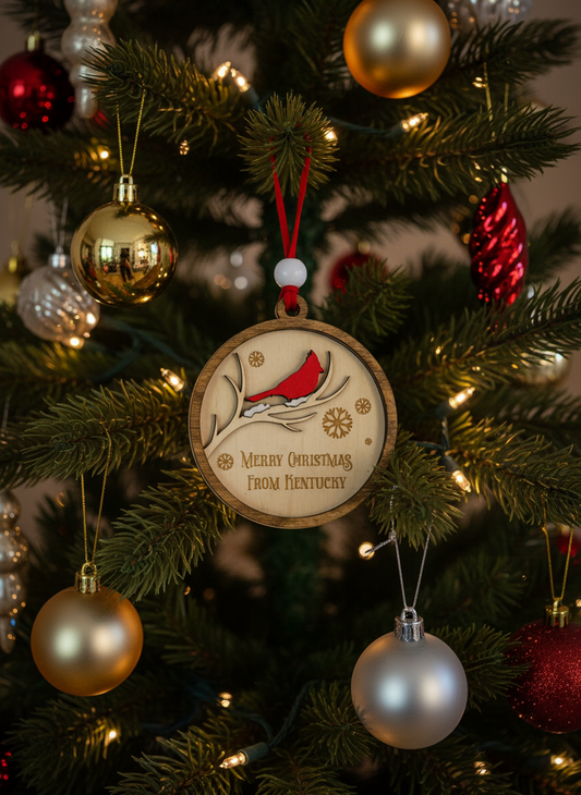 Cardinal on branch ornament with 'Merry Christmas from Kentucky' on decorated Christmas tree