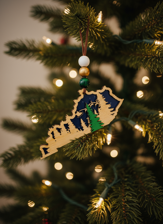 Kentucky night forest wood ornament hanging on Christmas tree with lights