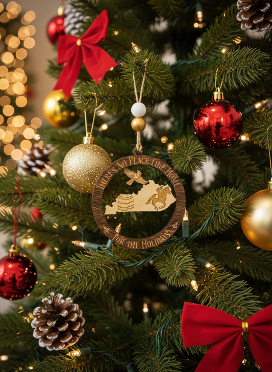 Kentucky No Place Like Home wooden ornament on Christmas tree with red bows and baubles