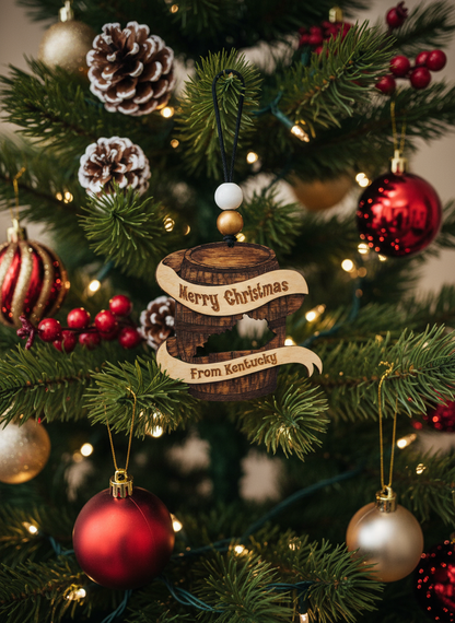 Kentucky bourbon barrel Christmas ornament on decorated Christmas tree with red and gold baubles