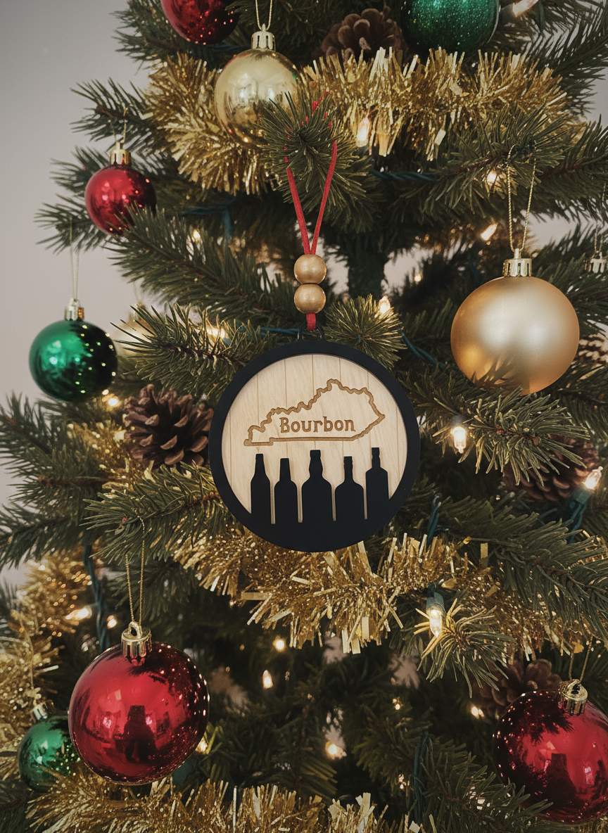Kentucky bourbon ornament with bottle silhouettes on decorated Christmas tree
