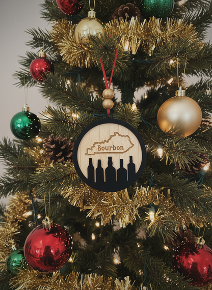Kentucky bourbon ornament with bottle silhouettes on decorated Christmas tree