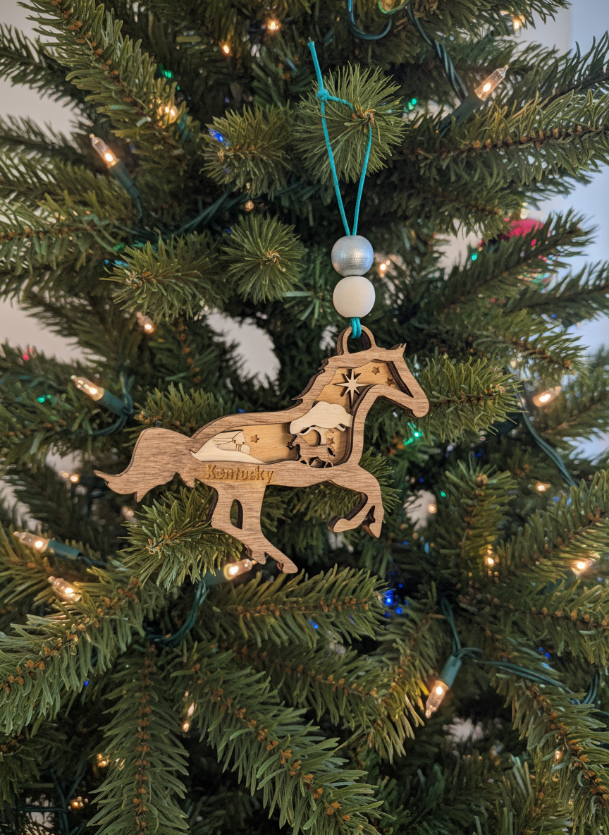 Layered wooden horse Kentucky ornament with beads hanging on Christmas tree