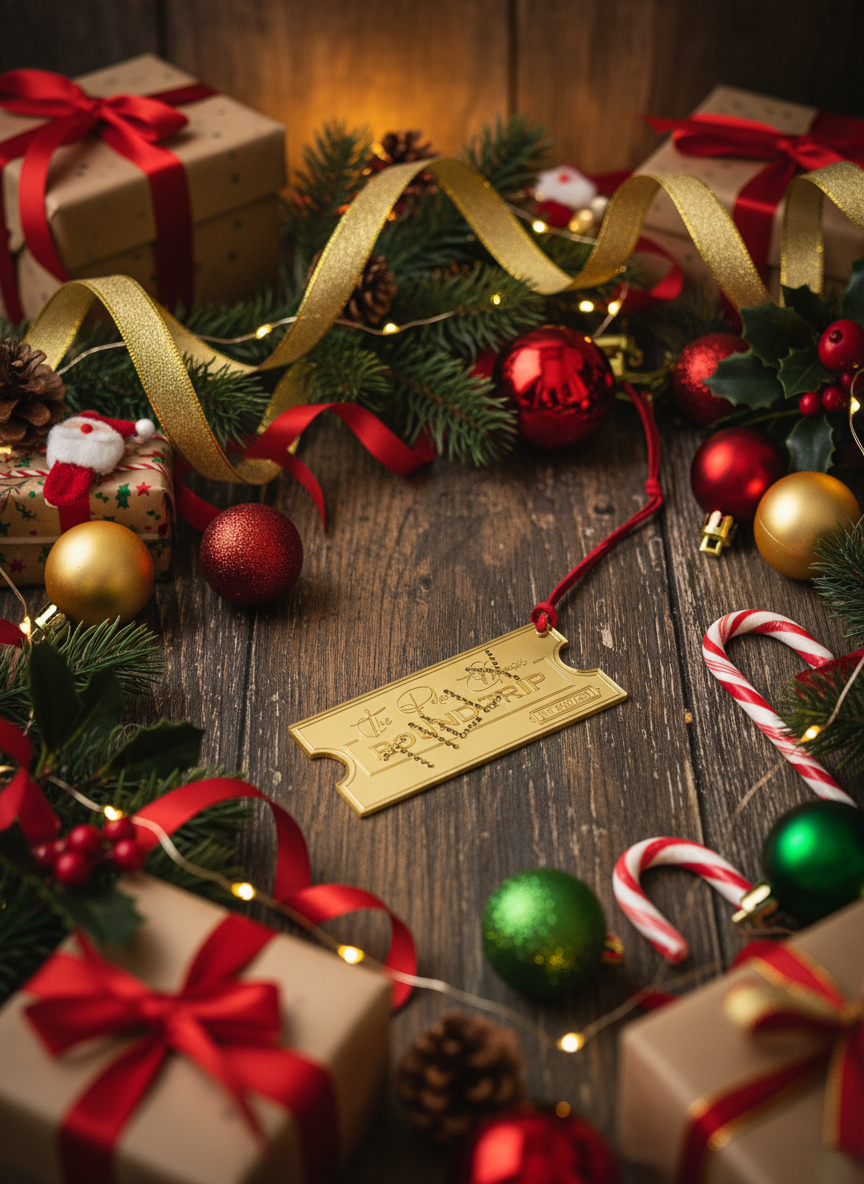 Polar Express ticket ornament on rustic wood with Christmas gifts, baubles, and greenery
