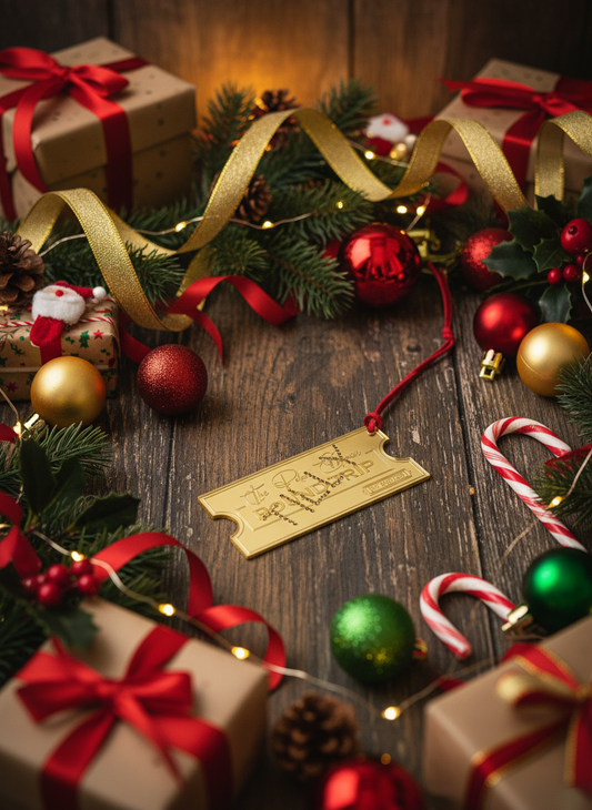 Polar Express ticket ornament on rustic wood with Christmas gifts, baubles, and greenery