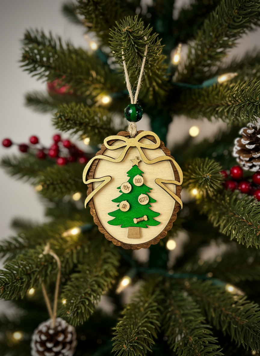 Personalized wooden Christmas tree ornament hanging on a decorated Christmas tree