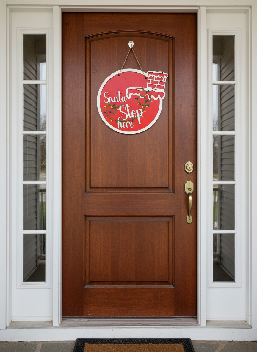 Red Santa Stop Here Christmas door hanger on a wooden front door