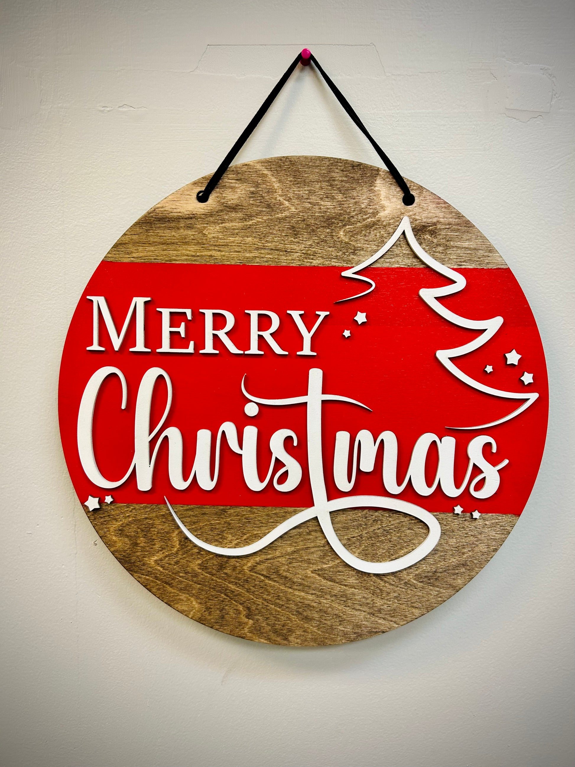 Merry Christmas wooden door hanger with red and natural wood pattern, white tree outline