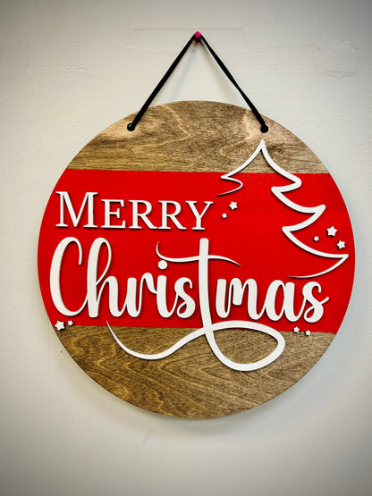 Merry Christmas wooden door hanger with red and natural wood pattern, white tree outline