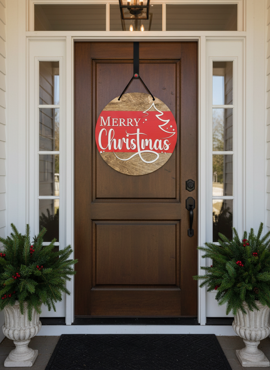 Merry Christmas round door hanger on wood front door with holiday greenery planters