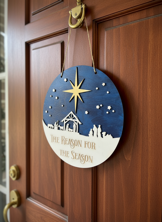 Nativity door hanger with star, silhouette scene, and 'The Reason for the Season' text on wood door
