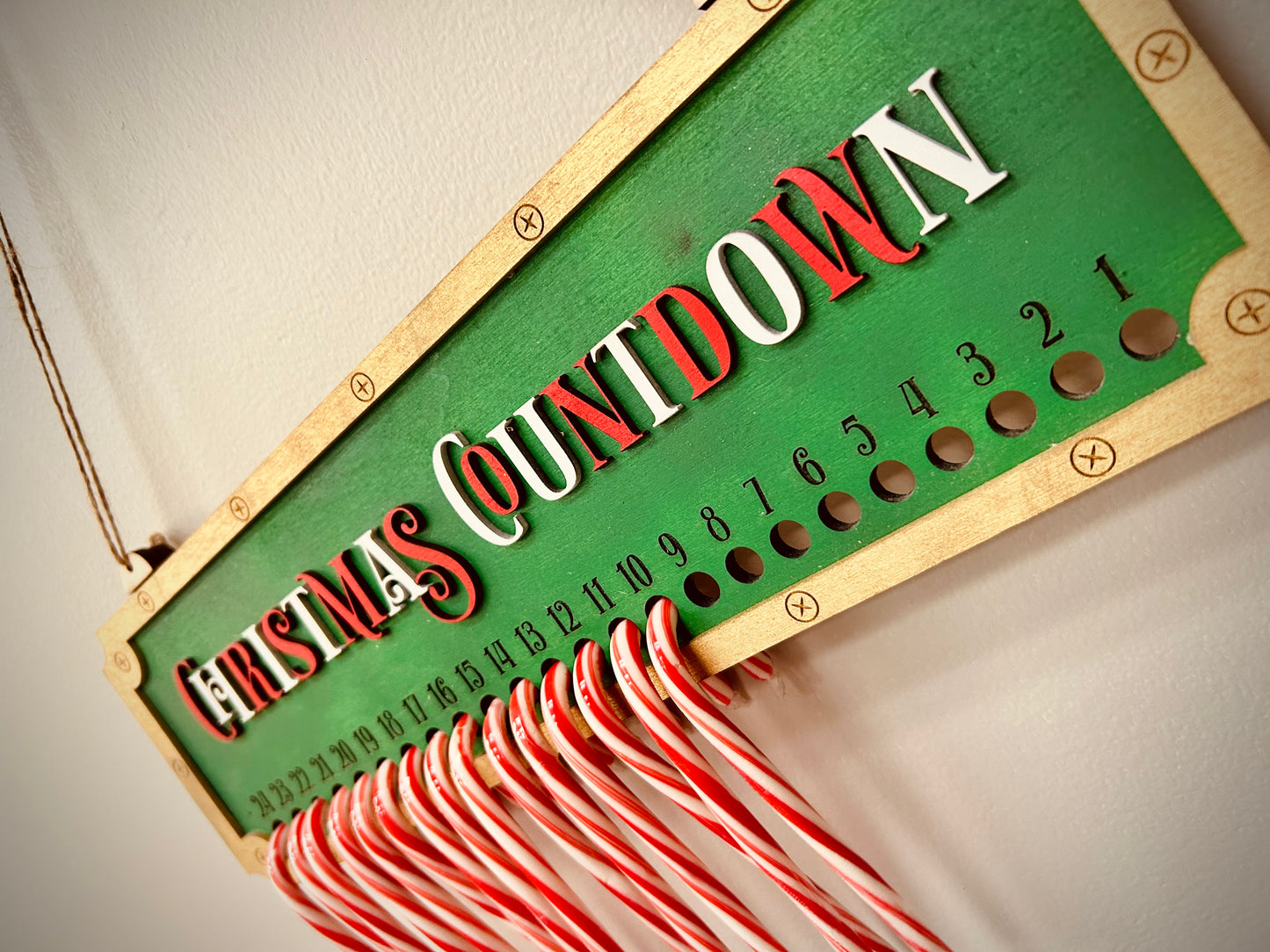 Christmas Countdown sign with candy canes on green wood, holiday wall decor