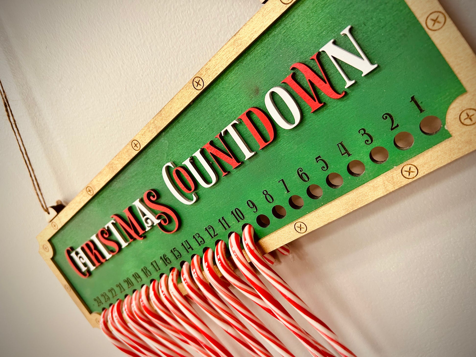 Christmas Countdown sign with candy canes on green wood, holiday wall decor