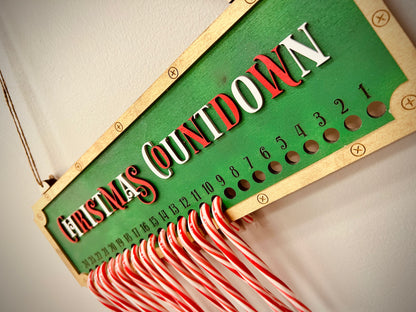 Christmas Countdown sign with candy canes on green wood, holiday wall decor