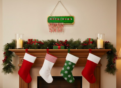 Christmas countdown candy cane display above festive fireplace with stockings, candles, and garland