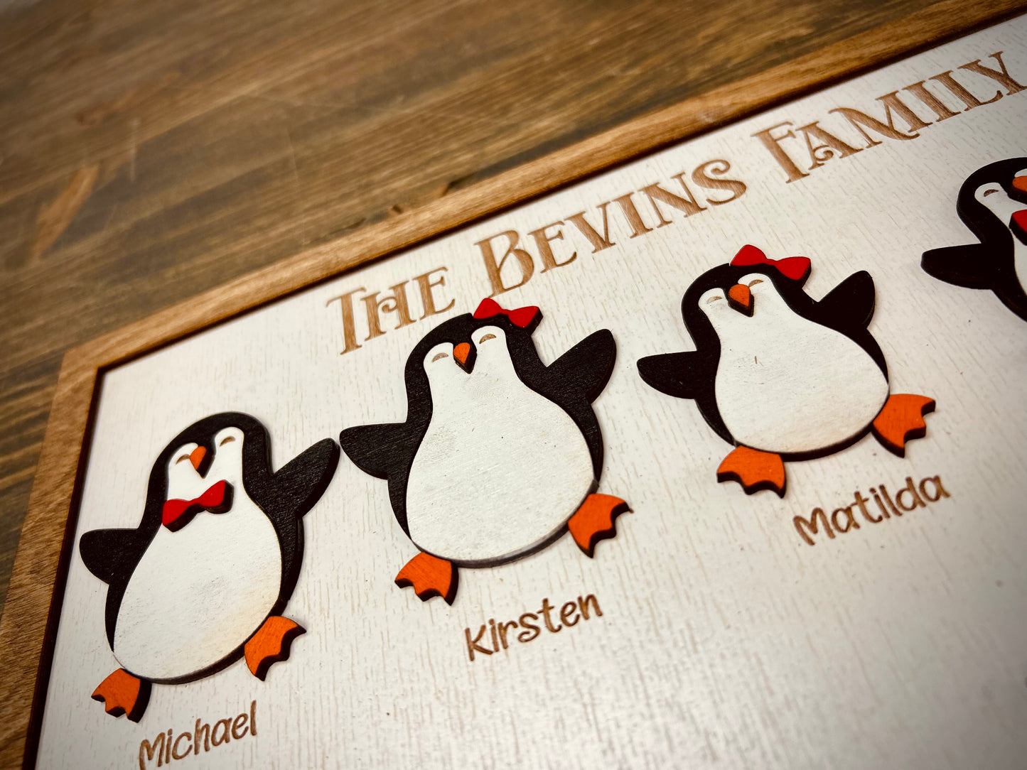 Wooden sign with cartoon penguin family, labeled names, on wood background
