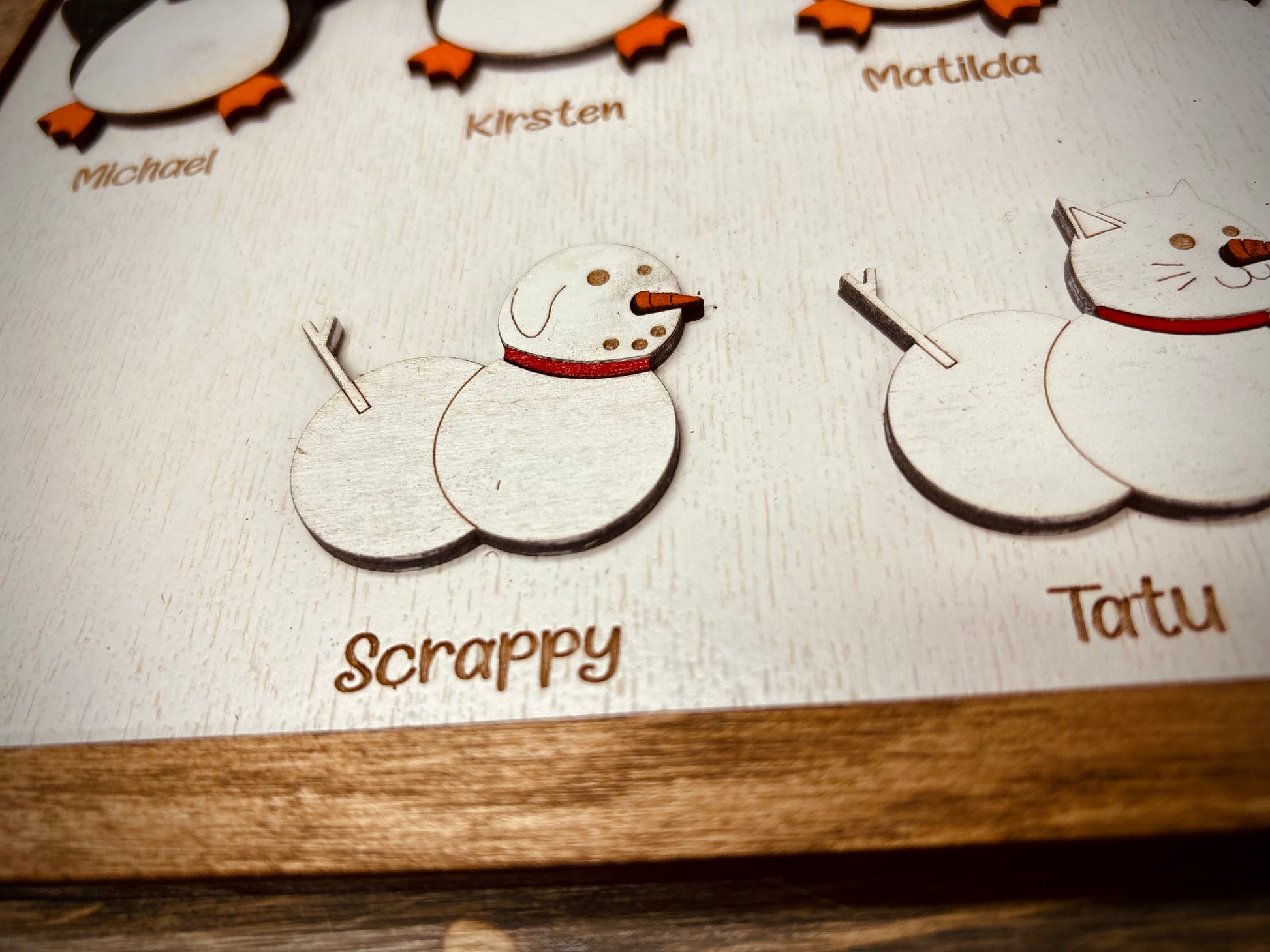 Wooden cutout snowman with red scarf labeled Scrappy on a white and wood background