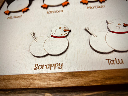 Wooden cutout snowman with red scarf labeled Scrappy on a white and wood background