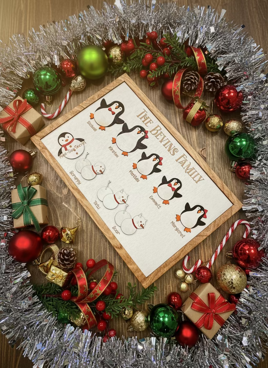 Personalized penguin family sign framed by Christmas wreath, ornaments, and gifts