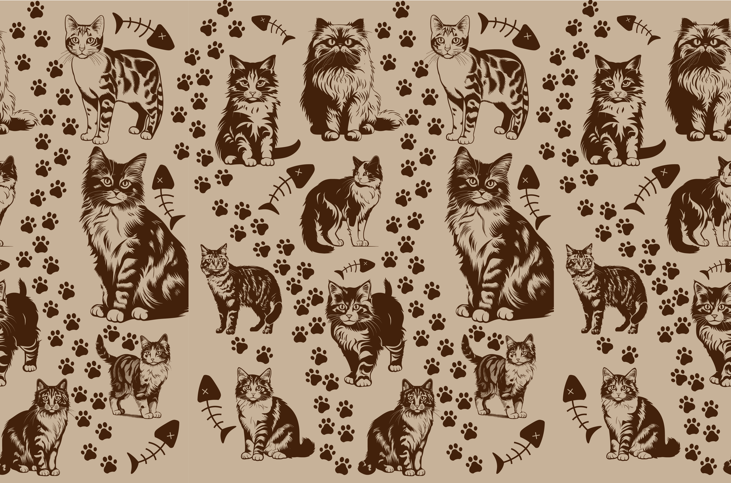 Seamless pattern of hand-drawn cats, paw prints, and fish bones on a beige background