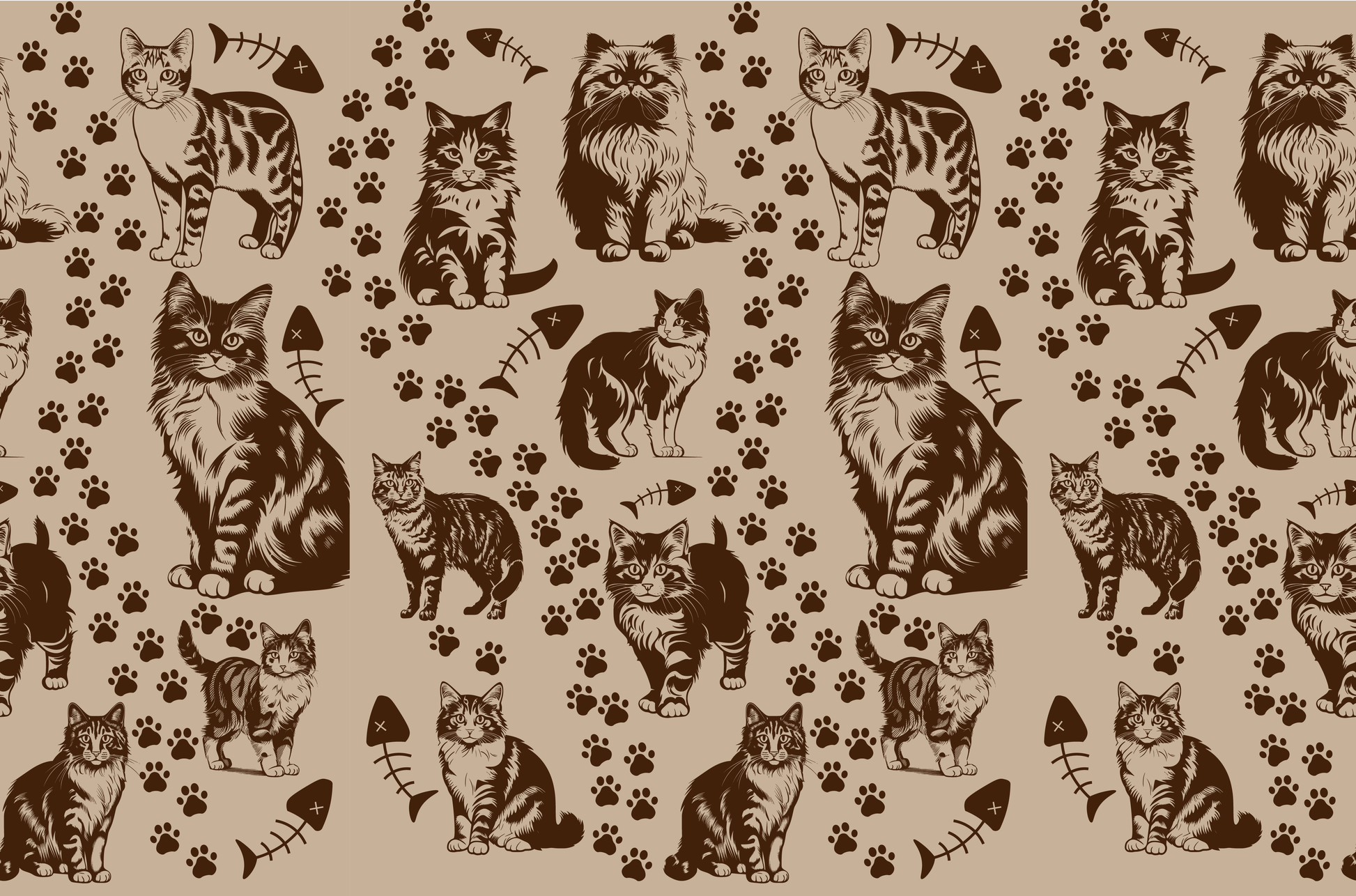 Seamless pattern of hand-drawn cats, paw prints, and fish bones on a beige background